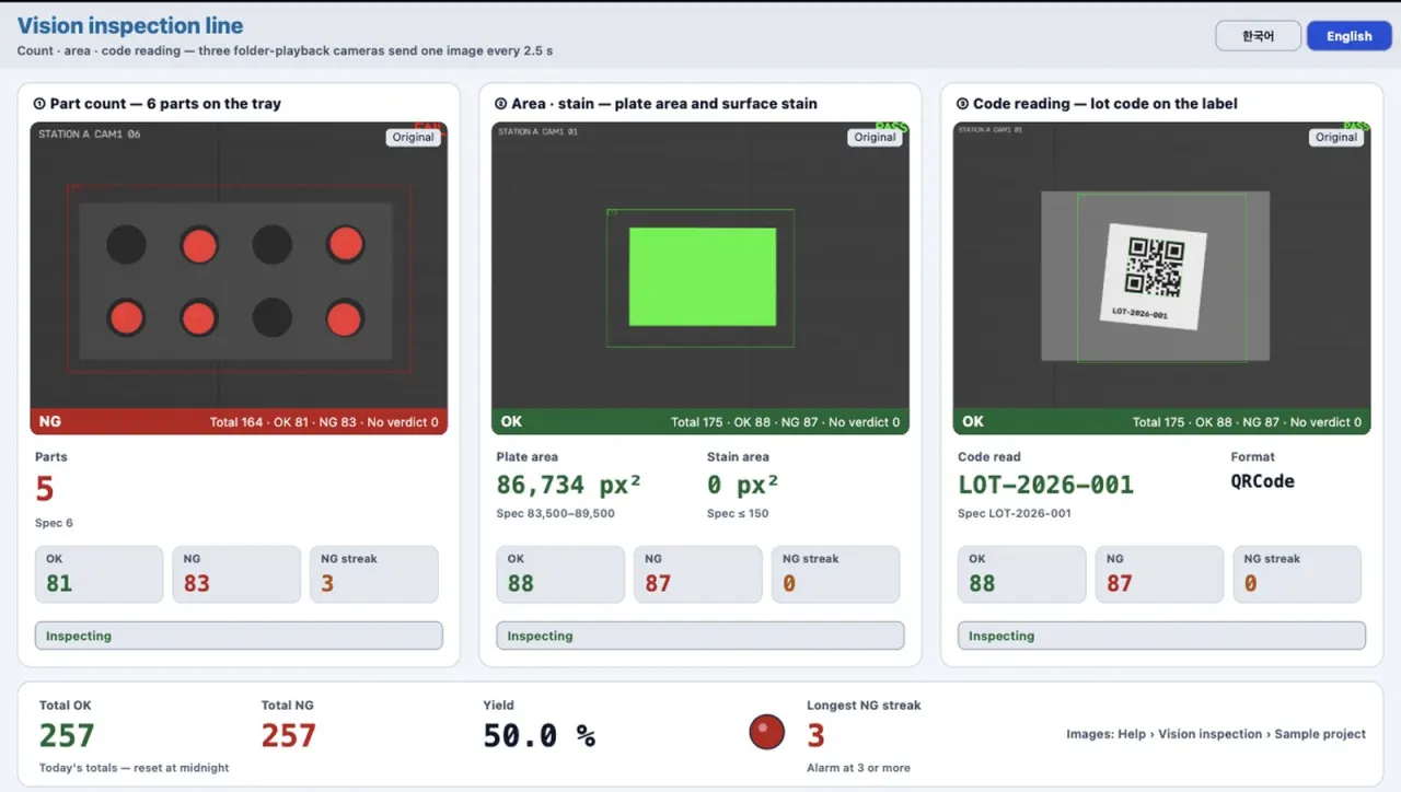 Vision inspection line sample — verdicts and counts from three stations